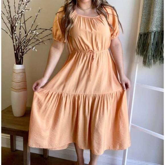 LUCY PARIS Midi Dress Kierlan Tiered Skirt Puff Sleeves Orange size Small - Picture 1 of 14